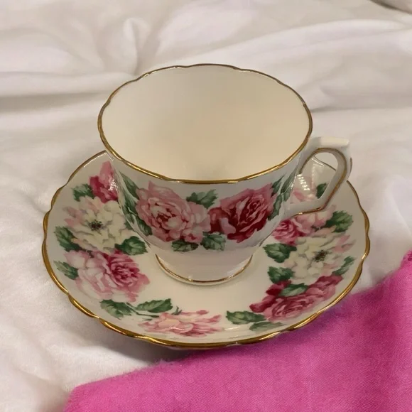 Vintage Crown Staffordshire England Teacup & Saucer, Tiffany Rose Bone China - Picture 2 of 8